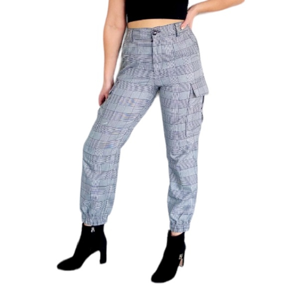 Forever 21 black white houndstooth plaid tapered jogger cargo pants size small